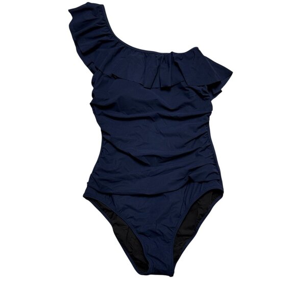 Gottex Sz 10 Swimsuit One Shoulder Ruffle Neck Blue One Piece New NWT - Picture 3 of 5